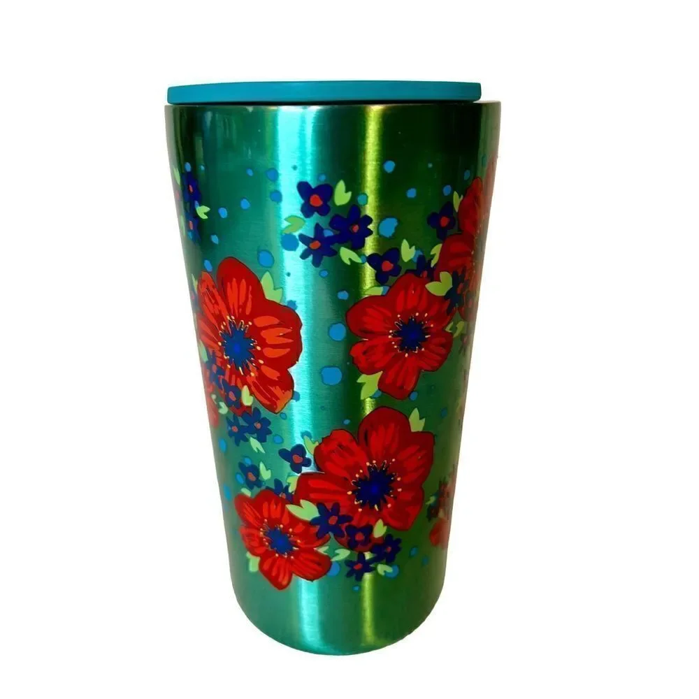 Pioneer Woman Teal W/Red Flowers Stainless Steel Travel Mug With Lid 20 Oz